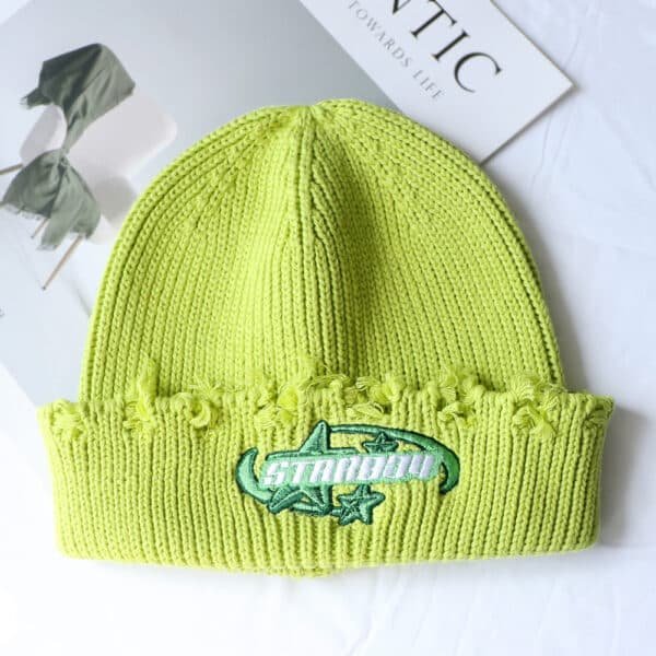 Green Vintage Ripped Knitted Distressed Colorful Knit Beanie - Image 2