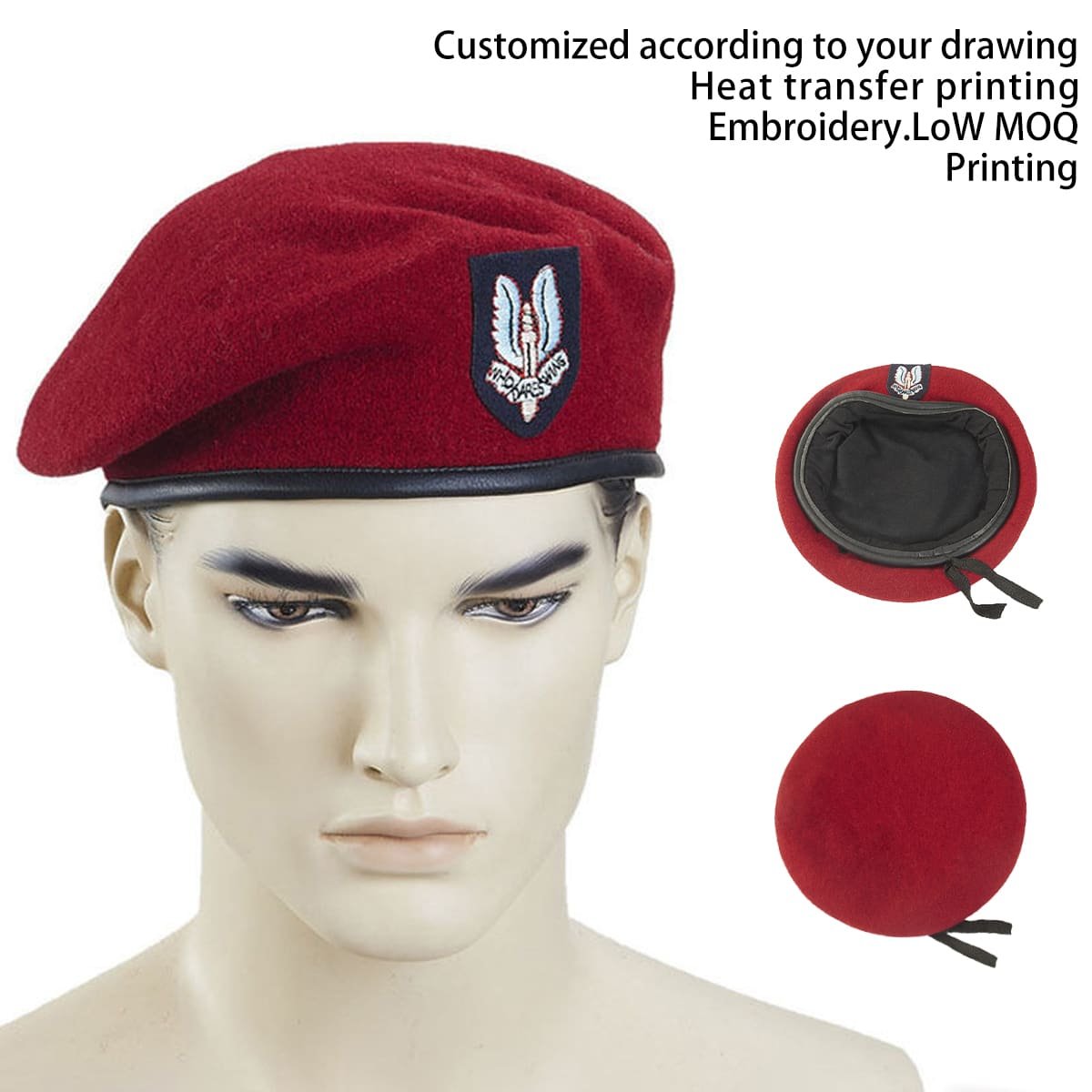 Custom logo Wool And Leather Adjustable Unisex Beret Cap For Men