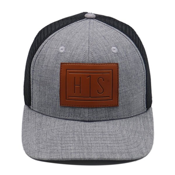 Gray Polyester Cotton 6 Panel Leather PatchTrucker Hat for Men - Image 4