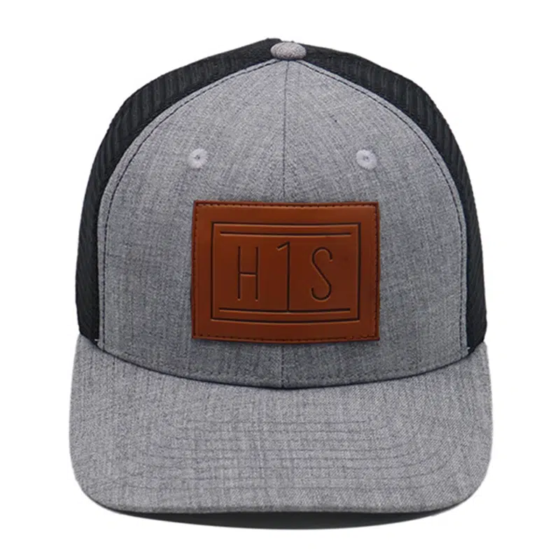 Gray Polyester Cotton 6 Panel Leather PatchTrucker Hat for Men