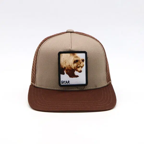 Custom Stylish Animal Logo Woven Patch Brown Snapback Trucker Hat - Image 6