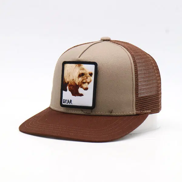 Custom Stylish Animal Logo Woven Patch Brown Snapback Trucker Hat - Image 2
