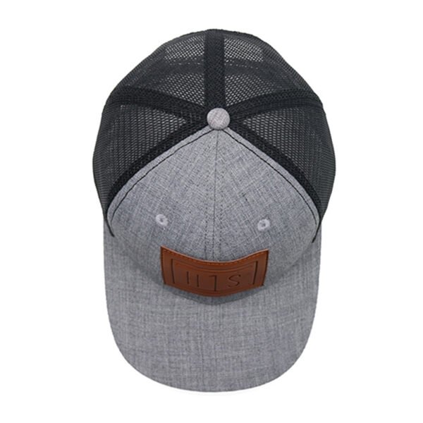Gray Polyester Cotton 6 Panel Leather PatchTrucker Hat for Men - Image 6