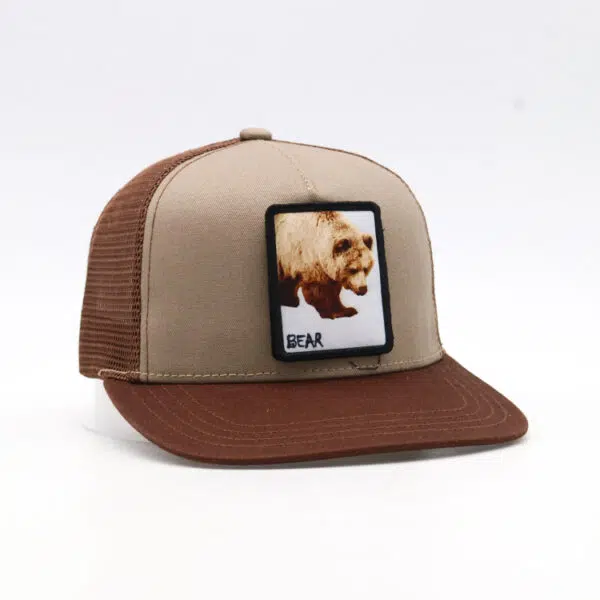 Custom Stylish Animal Logo Woven Patch Brown Snapback Trucker Hat - Image 3