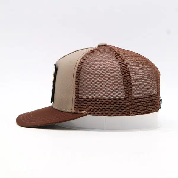 Custom Stylish Animal Logo Woven Patch Brown Snapback Trucker Hat - Image 4