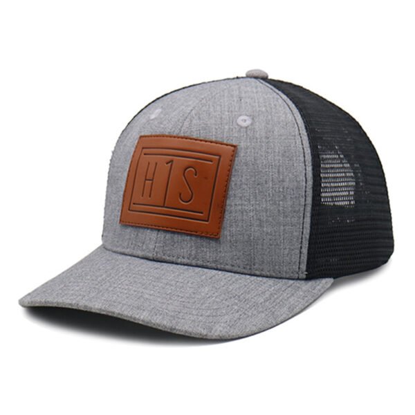Gray Polyester Cotton 6 Panel Leather PatchTrucker Hat for Men - Image 3